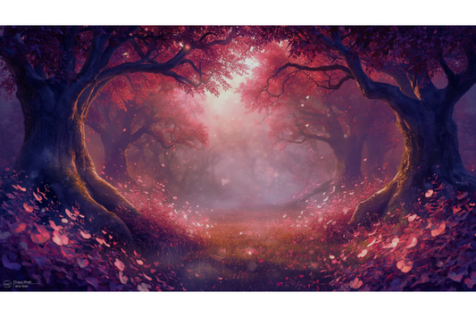 An enchanted forest in hues of red with a subtle shape of a heart made by the trees and branches