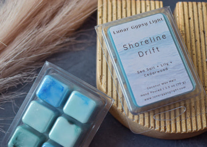 This is a wax melt with a label that says Shoreline Drift