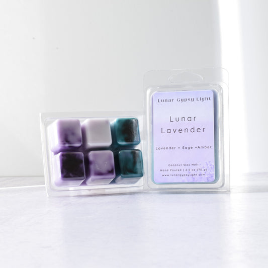 Pack of wax melts labeled 'Lunar Lavender' on a white background