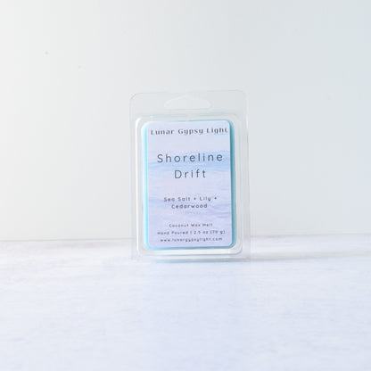 Product packaging labeled 'Shoreline Drift' Wax Melt on a white background