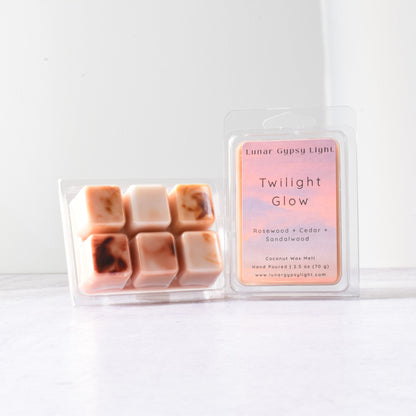 Packaged wax melts with a label "Twilight Glow" on a white background