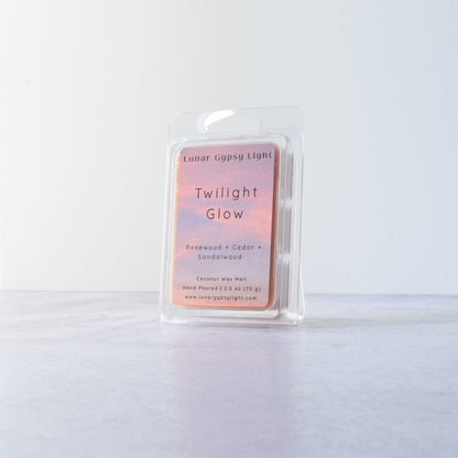 Wax melt container labeled 'Twilight Glow' on a white background