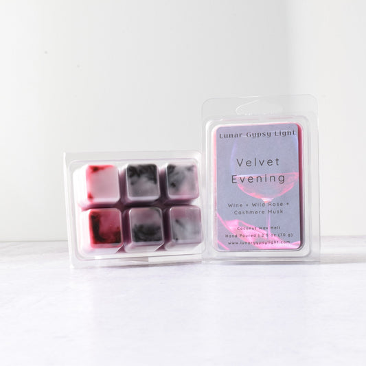 Packaged wax melts with 'Velvet Evening' label on a white background