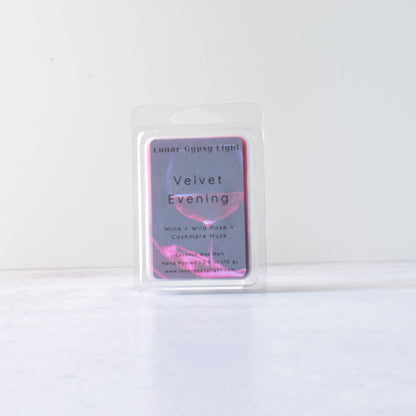Wax Melt labeled  'Velvet Evening' on a white background