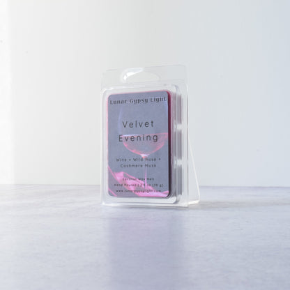 Scented wax melt package labeled 'Velvet Evening' on a white background